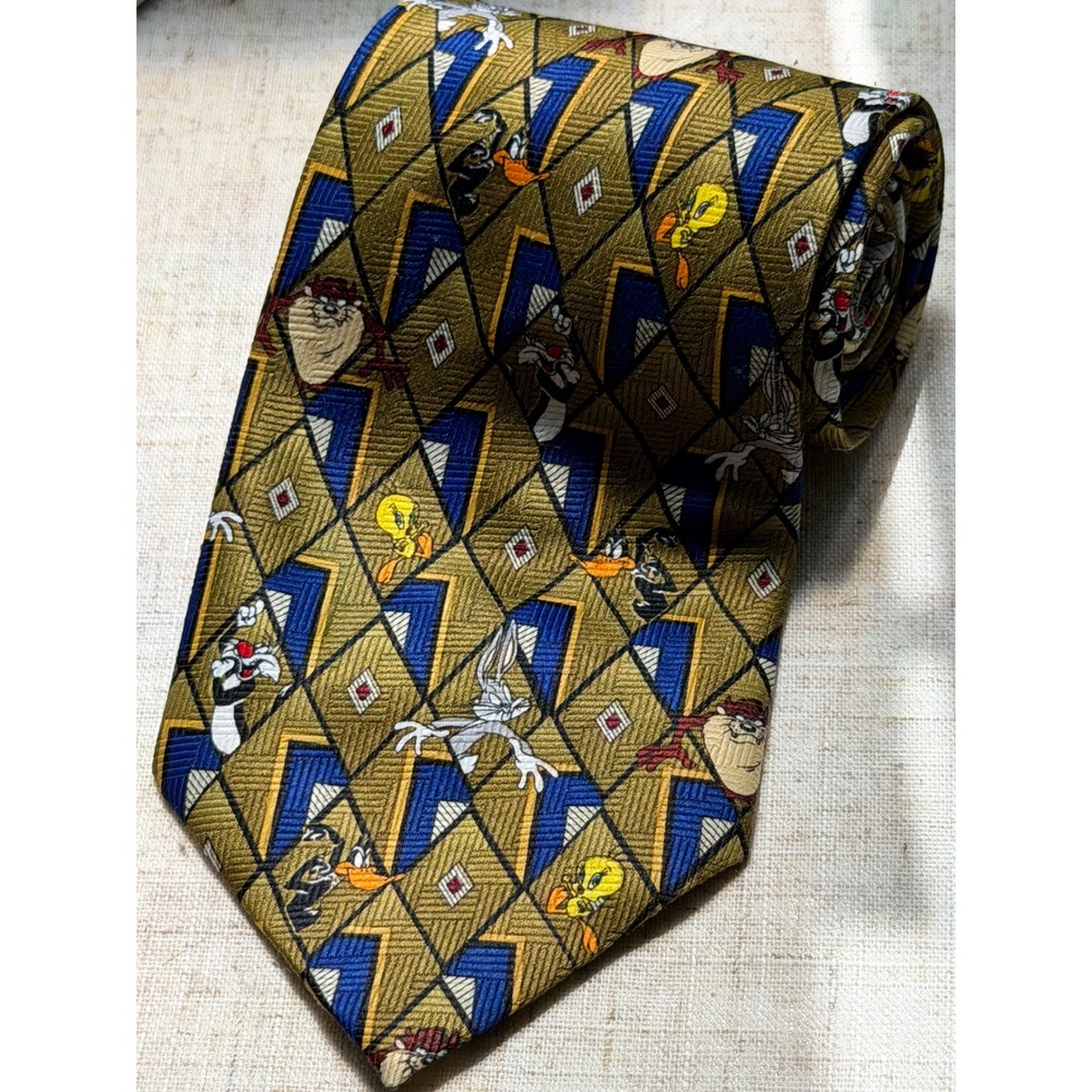 Vintage Looney Tunes Mens Geometric Character Necktie Gold Blue Bugs Bunny Daffy